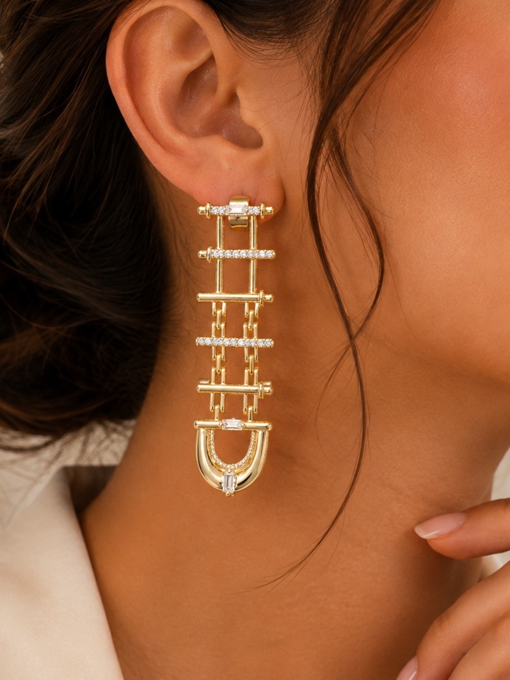 Gold Tone Crystal Geometric Long Dangle Statement Earrings
